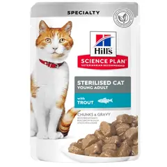 Hill's Science Plan Feline Young Adult Sterilised TROUT - паучове с пъстърва - малки късчета в сос Грейви за млади кастрирани котки от 6 месеца до 6 години. 12 бр. x 85 гр.