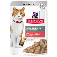 Hill's Science Plan Feline Young Adult Sterilised FISH - паучове с риба - малки късчета в сос Грейви за млади кастрирани котки от 6 месеца до 6 години. 12 бр. x 85 гр.