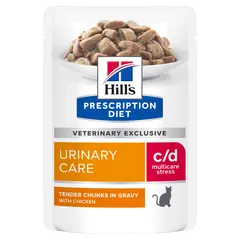 Hill's PRESCRIPTION DIET c/d Urinary Stress Chicken Pouch - лечебна мокра храна за котки с уринарни проблеми, идиопатичен цистит – пауч с пилешко - 12 бр х 85 г