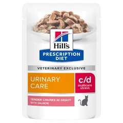 Hill's PRESCRIPTION DIET c/d Urinary Stress Salmon Pouch - лечебна мокра храна за котки с уринарни проблеми, идиопатичен цистит – пауч със сьомга -12 бр х 85 г