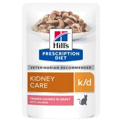 Hill's PRESCRIPTION DIET k/d Kidney Care pouch - лечебна мокра храна за котки с бъбречна недостатъчност, пауч със сьомга - 12 бр x  85 г
