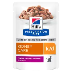 Hill's PRESCRIPTION DIET k/d Kidney Care pouch - лечебна мокра храна за котки с бъбречна недостатъчност, пауч с телешко - 12 бр x  85 г
