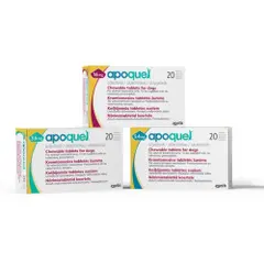 Apoquel 16 mg - 20 бр. таблетки за дъвчене за кучета за лечение на прурит (сърбеж), свързан с алергичен дерматит (възпаление на кожата) - опаковка с 20 броя таблетки за дъвчене