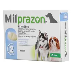 Milprazon / милпразон / 12.5mg - за  вътрешно обезпаразитяване на кучета с тегло най-малко 5 кг - кутия с 2 таблетки
