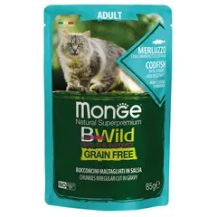 MONGE BWILD GRAIN FREE Adult Codfish with shrimps & vegetables – хапки за котки в зряла възраст с риба треска, скариди и зеленчуци - пауч 85 гр