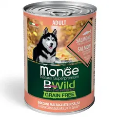 MONGE BWILD GRAIN FREE Adult salmon with pumpkin–хапки за кучета в зряла възраст  със сьомга, тиква и зеленчуци - 400 гр