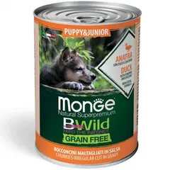 MONGE BWILD GRAIN FREE Puppy Junior duck with pumpkin - хапки за подрастващи кучета с патешко, тиква и зеленчуци - 400 гр