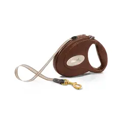 Flexi Leather  Brown M - Луксозен автоматичен повод, oбшит с естествена козя кожа - кафяв