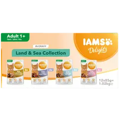 IAMS Cat Pouch Land and Sea Collection in Gravy - Паучове за котка , микс вкусове с месо и с риба  в сос грейви - 12 х 85 гр