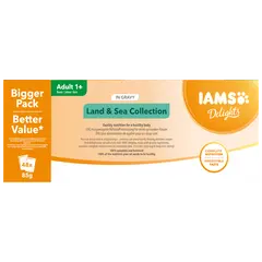 IAMS Cat Pouch Mega Pack Land and Sea Collection in Gravy - Паучове за котка , микс вкусове с месо и с риба  в сос грейви - 48 х 85 гр