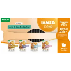 IAMS Cat Pouch Mega Pack Land and Sea Collection in Gravy - Паучове за котка , микс вкусове с месо и с риба  в сос грейви - 48 х 85 гр