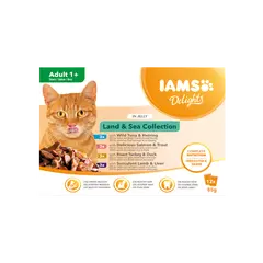 IAMS Cat Pouch Land & Sea Collection in Jelly  - Паучове за котка, микс вкусове с месо и с риба в желе - 12 х 85 гр