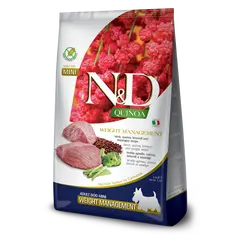 N&D Quinoa Weight Management Lamb MINI Dog - суха храна за кучета над 1г. от дребни породи с агнешко, киноа, броколи и аспержи. - 800гр.