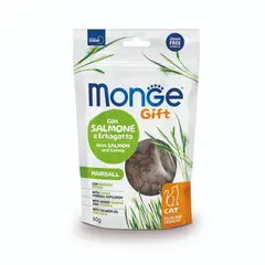 MONGE GIFT FILLED AND CRUNCHY HAIRBALL CAT – лакомство за котки срещу космени топки, със сьомга и коча трева, без зърнени култури