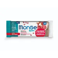 Monge Gift Granola Bars Skin Support – лакомства за кучета - монопротеинови барчета със сьомга и нар за здрави кожа и козина, безглутенови.