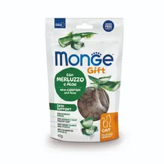 MONGE GIFT FILLED AND CRUNCHY SKIN SUPPORT CAT – лакомство за котки за здрава кожа и козина, с риба треска и алое, без зърнени култури