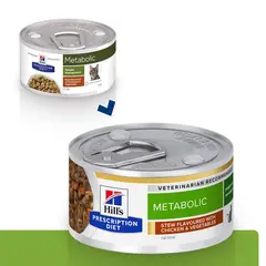 Hill`s PRESCRIPTION DIET Feline Metabolic Vegetable & Chicken Stew – лечебна мокра храна за котки в зряла възраст с наднормено тегло, консерва задушено пилешко със зеленчуци - 82 г