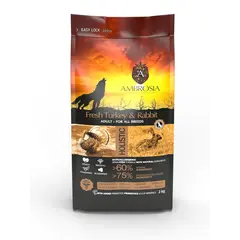 Ambrosia All Breed Adult Dog Fresh Turkey & Rabbit Ulta premium - холистична, хипоалергенна, беззърнена храна за кучета от всички породи, с пуешко и заешко, 12 кг