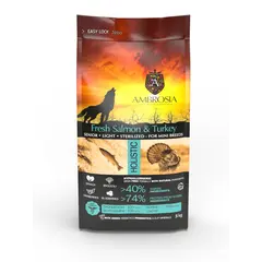 Ambrosia Mini Adult  Sterilised - Senior - Ligth Fresh Salmon & Turkey Ulta premium - холистична, хипоалергенна, беззърнена храна за кучета от малки породи, кастрирани, възрастни или с наднормено тегло, със сьомга и пуешко, 5 кг