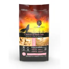 Ambrosia Puppy All Breed Chicken & Fresh Fish Ulta premium - холистична, хипоалергенна, беззърнена храна за кученца от всички породи, с пилешко и риба, 6 кг