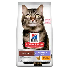 Hill's Science Plan Feline Adult Hairball & Perfect Coat Chicken – пълноценна суха храна за котки от 1 до 6 години, за намаляване на космените топки и за красива козина, с пилешко - 1,5 кг