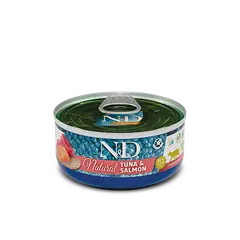 N&D Natural FISH TRIO MENU 5+1 free – мокра допълваща храна за котки в зряла възраст, три вкуса - с риба тон, с риба тон и сьомга, с риба тон и скариди, консерва - 6х70 гр, 5+1 ПОДАРЪК