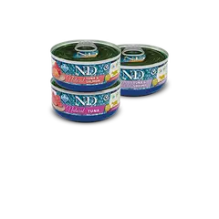 N&D Natural FISH TRIO MENU 5+1 free – мокра допълваща храна за котки в зряла възраст, три вкуса - с риба тон, с риба тон и сьомга, с риба тон и скариди, консерва - 6х70 гр, 5+1 ПОДАРЪК