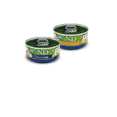 N&D Natural MEAT DUO MENU 5+1 free – мокра допълваща храна за котки в зряла възраст, два вкуса - с пилешко и с агнешко, консерва - 6х70 гр, 5+1 ПОДАРЪК