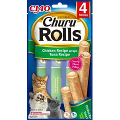 Inaba Churu Rolls Chicken with Tuna - Лакомство за котка - меки пръчици с кремообразен пълнеж от риба тон, 4 х 10 гр