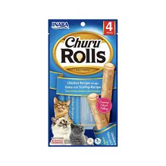 Inaba Churu Rolls Tuna with Scallop - Лакомство за котка - меки пръчици с кремообразен пълнеж от риба тони миди, 4 х 10 г