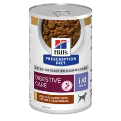 Hill's PRESCRIPTION DIET i/d Low Fat AB+ Stew - лечебна мокра храна за кучета с храносмилателни разстройства, панкреатит или състояния, изискващи ниски нива на мазнини – консерва задушено пилешко със зеленчуци,  354 гр