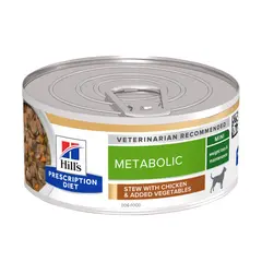 Hill`s PRESCRIPTION DIET Canine Metabolic Mini Vegetable & Chicken Stew – лечебна мокра храна за кучета от дребни породи в зряла възраст с наднормено тегло, консерва задушено пилешко със зеленчуци, 156 гр