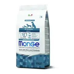 Monge All breeds Adult Monoprotein Trout with Rice and Potatoes - Пълноценна суха храна за кучета в зряла възраст от всички породи с пъстърва, ориз и картофи - 12 кг
