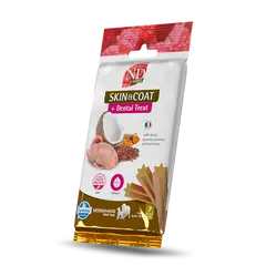 N&D QUINOA DOG Dental Treat Skin & Coat Quail Adult Medium & Maxi - монопротеинови дентални лакомства за здрава кожа и козина за кучета от средни и едри породи с киноа, пъдпъдък, кокос и куркума - 100 гр