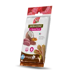 N&D QUINOA DOG Dental Treat Skin & Coat Venison Adult Medium & Maxi - монопротеинови дентални лакомства за здрава кожа и козина за кучета от средни и едри породи с киноа, еленско, кокос и куркума - 100 гр