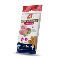 N&D QUINOA DOG Dental Treat Weight Management Adult MINI - дентални лакомства за контрол на теглото за кучета от дребни породи с киноа, агнешко, броколи и аспержи - 60 гр