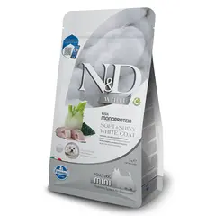 N&D Spirulina WHITE Dog Sea Bass & Fennel Adult MINI – монопротеинова суха храна без зърнени култури за кучета с бяла козина от мини породи над 1 година, с лаврак, спирулина и фенел - 5 кг