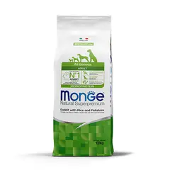 Monge Natural Superpremium All breeds Adult Monoprotein Rabbit with Rice and Potatoes - Пълноценна суха храна за кучета в зряла възраст от всички породи със заешко, ориз и картофи - 12 кг