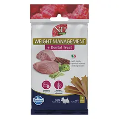 N&D QUINOA DOG Dental Treat Weight Management Adult MINI - дентални лакомства за контрол на теглото за кучета от дребни породи с киноа, агнешко, броколи и аспержи - 60 гр
