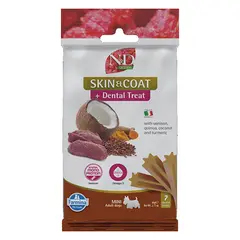 N&D QUINOA DOG Dental Treat Skin & Coat Venison Adult MINI - монопротеинови дентални лакомства за здрава кожа и козина за кучета от дребни породи с киноа, еленско, кокос и куркума - 60 гр