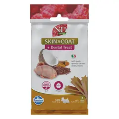 N&D QUINOA DOG Dental Treat Skin & Coat Quail Adult MINI - монопротеинови дентални лакомства за здрава кожа и козина за кучета от дребни породи с киноа, пъдпъдък, кокос и куркума - 60 гр