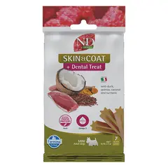 N&D QUINOA DOG Dental Treat Skin & Coat Duck Adult MINI - монопротеинови дентални лакомства за здрава кожа и козина за кучета от дребни породи с киноа, патешко, кокос и куркума - 60 гр
