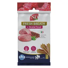 N&D QUINOA DOG Dental Treat Fresh Breath Adult Medium & Maxi - дентални лакомства за свеж дъх и подобряване на метаболизма за кучета от средни и едри породи с киноа, агнешко и мента - 100 гр