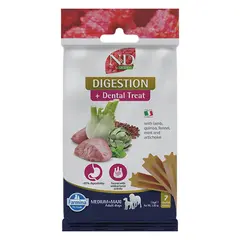 N&D QUINOA DOG Dental Treat Digestion Adult Medium & Maxi - дентални лакомства за здрав стомах за кучета от средни и едри породи с киноа, агнешко, фенел, мента и артишок - 100 гр