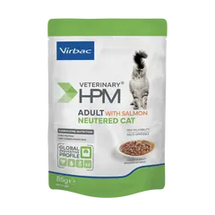 Virbac HPM Cat Adult Neutered Salmon Pouch - хапки със съомга в сос грейви, за кастрирани котки над 12 месеца, пауч - 12х85 г