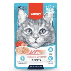 Wanpy Stew Tuna and Shrimp in gravy - пауч за котки, ароматно стю с риба тон и скариди в сос, 70 г