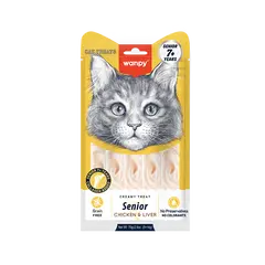 Wanpy Creamy Treat Senior – Кремообразно лакомство за възрастни котки над 7 години с вкус на пилешко и дробчета, 5х14 г