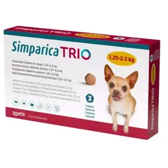 Simparica Trio / Симпарика Трио 1.35-2.5 кг - за вътрешно и външно обезпаразитяване на кучета - КУТИЯ (3 бр. таб)