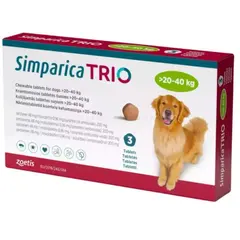Simparica Trio / Симпарика Трио 40 - 60 кг - за вътрешно и външно обезпаразитяване на кучета - КУТИЯ (3 бр. таб)