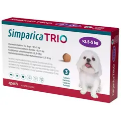 Simparica Trio / Симпарика Трио 5 - 10 кг - за вътрешно и външно обезпаразитяване на кучета - КУТИЯ (3 бр. таб)